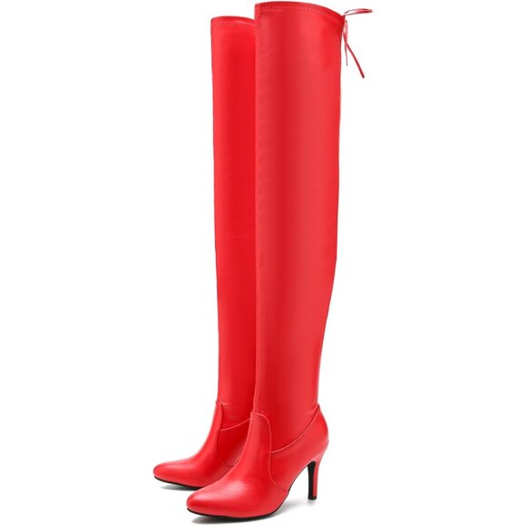 Women Red Polyurethane Pointed Toe Over The Knee Thigh High Stiletto Heel Boot - Picture 2 of 9